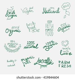 Labels with vegetarian and raw food diet designs. Hand drawn. Vector illustrated.