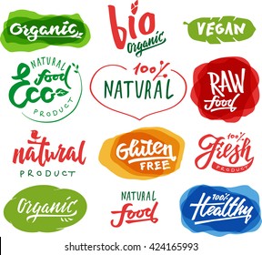 Labels with vegetarian and raw food diet designs. Organic tags and elements set for meal and drink cafe, restaurants and products packaging. Vector illustrated bio detox logo.