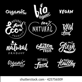 Labels with vegetarian and raw food diet designs. Organic tags and elements set for meal and drink cafe, restaurants and products packaging. Vector illustrated bio detox logo.