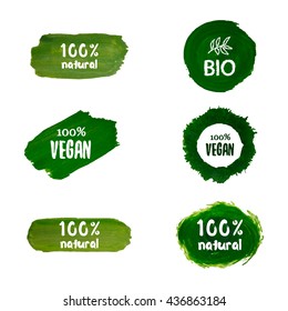 Labels with vegetarian and raw food diet designs. Organic food tags and elements set for meal and drink,cafe, restaurants and organic products packaging.Vector. 