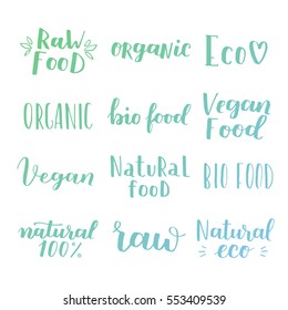 Labels with vegetarian and raw food diet designs. Organic food tags and elements set for meal and drink, cafe, restaurants and organic products packaging. Vector illustrated bio detox logo.