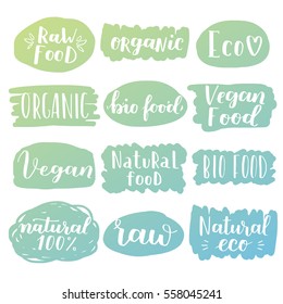 Labels with vegetarian and raw food diet designs. Organic food tags and elements set for meal and drink, cafe, restaurants and organic products packaging. Vector illustrated bio detox logo.