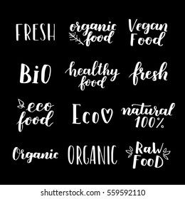 Labels with vegetarian and raw food diet designs. Organic food tags and elements set for meal and drink, cafe, restaurants and organic products packaging. Vector illustrated bio detox logo.