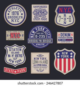 Labels vintage NYC denim athletic typography, t-shirt graphics, vectors