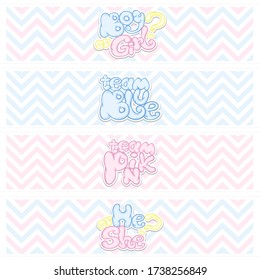 Labels for water bottles. Can be used like poster for gender reveals party, for t-shirt print, fashion print design, wear, decoration, baby shower celebration, greeting and invitation card.