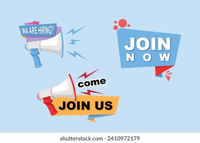 Labels of we are hiring with ribbon shape and flat color design for promotion