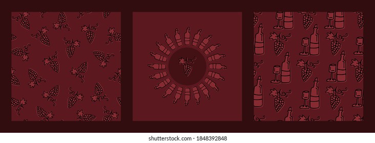 labels for winery. Set of illustrations of red wine for winemakers. Set of cards with logo,sticker,patterns for winery, wine shop.Design templates for covers, postcard, banner,wrapping paper,fabric.