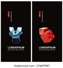labels with wizard hat and red cubes for dice