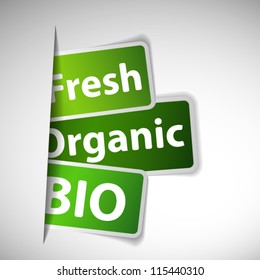 Labels with word: fresh, organic and bio inserting to slot