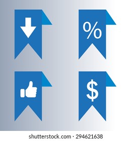  labels/ribbons (percent, like, arrow down and dollar sign) set. Vector design for website