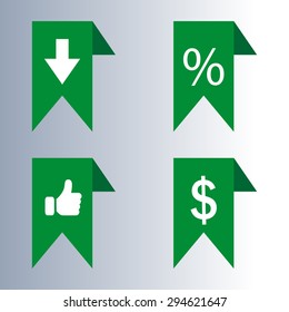  labels/ribbons (percent, like, arrow down and dollar sign) set. Vector design for website