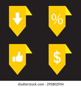 labels/ribbons (percent, like, arrow down and dollar sign) set. Vector design for website