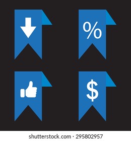 labels/ribbons (percent, like, arrow down and dollar sign) set. Vector design for website