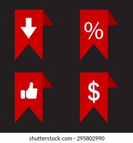 labels/ribbons (percent, like, arrow down and dollar sign) set. Vector design for website
