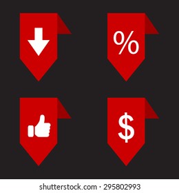 labels/ribbons (percent, like, arrow down and dollar sign) set. Vector design for website