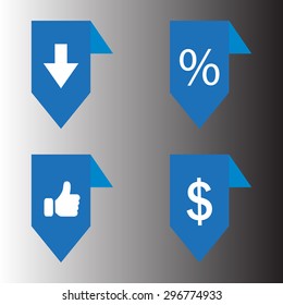 labels/ribbons (percent, like, arrow down and dollar sign) set. Vector design for website