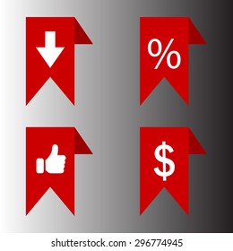 labels/ribbons (percent, like, arrow down and dollar sign) set. Vector design for website