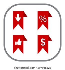 labels/ribbons (percent, like, arrow down and dollar sign) set. Vector design for website