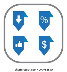 labels/ribbons (percent, like, arrow down and dollar sign) set. Vector design for website