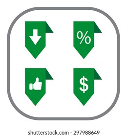 labels/ribbons (percent, like, arrow down and dollar sign) set. Vector design for website