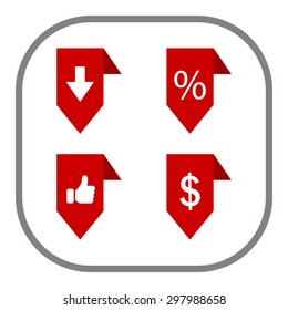 labels/ribbons (percent, like, arrow down and dollar sign) set. Vector design for website