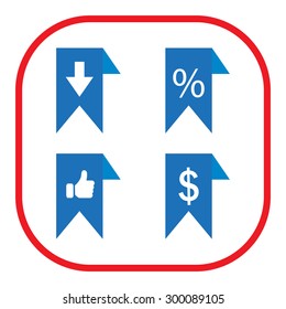 labels/ribbons (percent, like, arrow down and dollar sign) set. Vector design for website