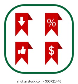 labels/ribbons (percent, like, arrow down and dollar sign) set. Vector design for website