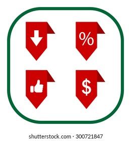 labels/ribbons (percent, like, arrow down and dollar sign) set. Vector design for website