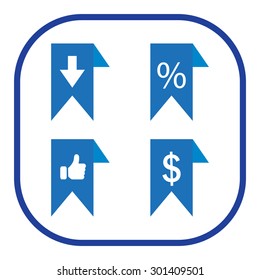 labels/ribbons (percent, like, arrow down and dollar sign) set. Vector design for website