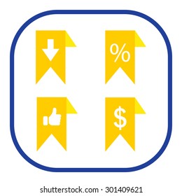 labels/ribbons (percent, like, arrow down and dollar sign) set. Vector design for website