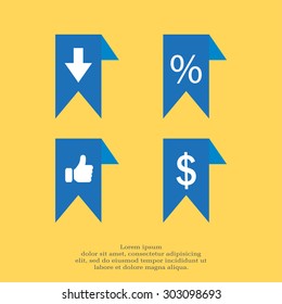 labels/ribbons (percent, like, arrow down and dollar sign) set. Vector design for website