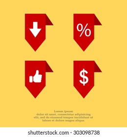 labels/ribbons (percent, like, arrow down and dollar sign) set. Vector design for website