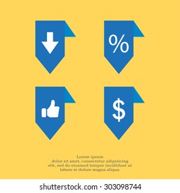 labels/ribbons (percent, like, arrow down and dollar sign) set. Vector design for website