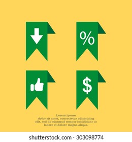 labels/ribbons (percent, like, arrow down and dollar sign) set. Vector design for website