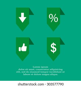 labels/ribbons (percent, like, arrow down and dollar sign) set. Vector design for website