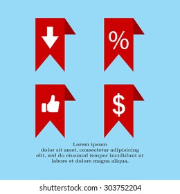 labels/ribbons (percent, like, arrow down and dollar sign) set. Vector design for website
