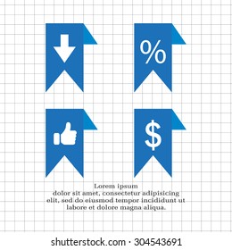 labels/ribbons (percent, like, arrow down and dollar sign) set. Vector design for website