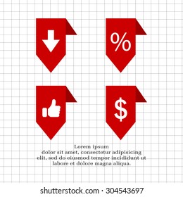 labels/ribbons (percent, like, arrow down and dollar sign) set. Vector design for website