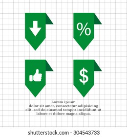 labels/ribbons (percent, like, arrow down and dollar sign) set. Vector design for website