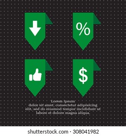 labels/ribbons (percent, like, arrow down and dollar sign) set. Vector design for website