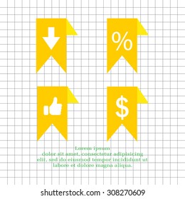 labels/ribbons (percent, like, arrow down and dollar sign) set. Vector design for website