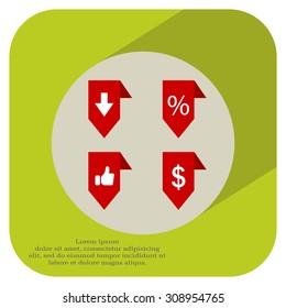 labels/ribbons (percent, like, arrow down and dollar sign) set. Vector design for website