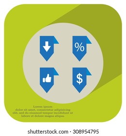 labels/ribbons (percent, like, arrow down and dollar sign) set. Vector design for website