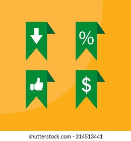 labels/ribbons (percent, like, arrow down and dollar sign) set. Vector design for website