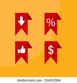 labels/ribbons (percent, like, arrow down and dollar sign) set. Vector design for website