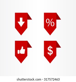 labels/ribbons (percent, like, arrow down and dollar sign) set. Vector design for website