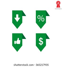 labels/ribbons (percent, like, arrow down and dollar sign) set. Vector design for website