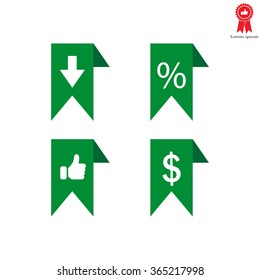 labels/ribbons (percent, like, arrow down and dollar sign) set. Vector design for website