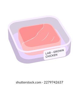 Ilustración vectorial de carne de pechuga de pollo cultivada en laboratorio. Aislado sobre filete de pollo blanco y culto en un plato de Petri.