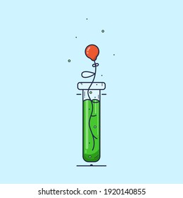 Hühnerbein aus Lab. Labortestrohr mit grüner Flüssigkeit und Bläschen. Kümmert euch um den Planeten.